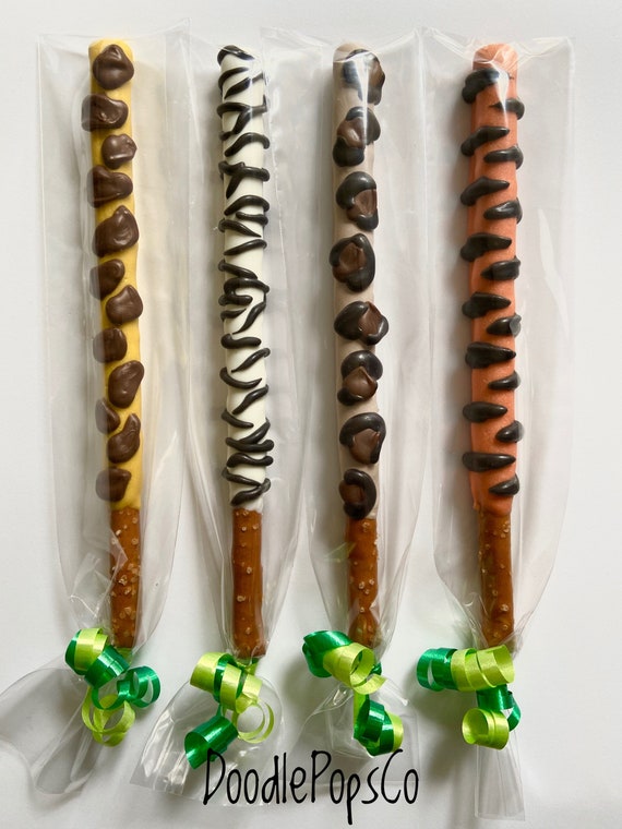 Animal print pretzel rods / zoo animal party / safari party favor /  chocolate covered pretzel rod / one dozen (12)