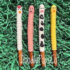 Farm animal pretzel rods / barnyard buddies / birthday party favor / chocolate covered pretzels / one dozen (12)