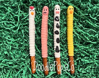 Farm animal pretzel rods / barnyard buddies / birthday party favor / chocolate covered pretzels / one dozen (12)