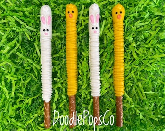 Easter bunny & chick pretzel rods / Easter party favor / chocolate covered pretzel rods / one dozen (12)