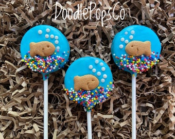 Goldfish Oreo cookie pops / Under the sea party favor / chocolate covered Oreo / one dozen (12)