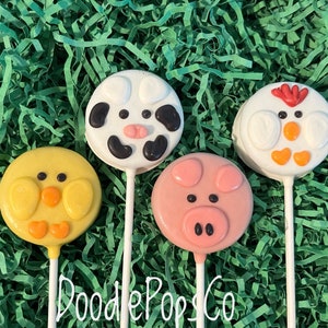 Farm animal Oreo cookie pops / Barnyard buddies / birthday party favor / chocolate covered Oreo / one dozen (12)