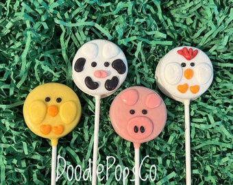 Farm animal Oreo cookie pops / Barnyard buddies / birthday party favor / chocolate covered Oreo / one dozen (12)