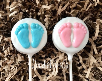 Baby feet Oreo cookie pops / baby shower favor / gender reveal party / chocolate covered Oreos / one dozen (12)