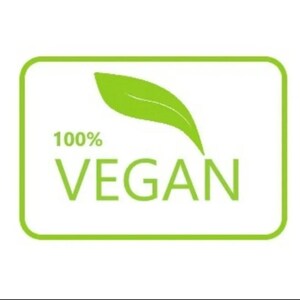 May include: Green and white 100% vegan label with a green leaf icon.