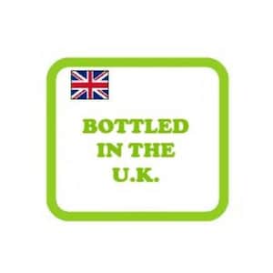 May include: Green square label with a white background and the text "Bottled in the U.K." in black. A small Union Jack flag is in the top left corner.