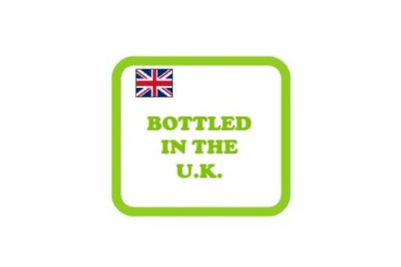 May include: Green square label with a white background and the text "Bottled in the U.K." in black. A small Union Jack flag is in the top left corner.
