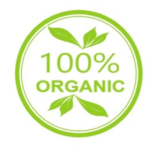 May include: Green circle with a white background and the text "100% ORGANIC" in black. There are two green leaves on either side of the text.