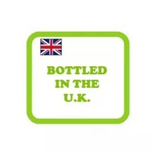 May include: A green square label with the text "Bottled in the U.K." and a small Union Jack flag in the top left corner.