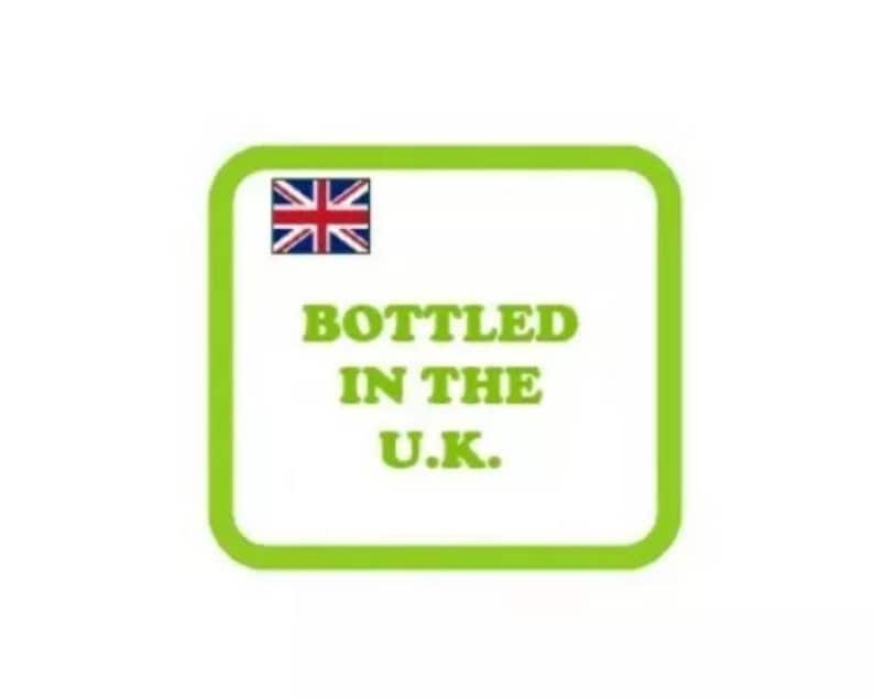 May include: A green square label with the text "Bottled in the U.K." and a small Union Jack flag in the top left corner.