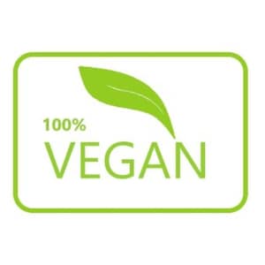May include: Green and white 100% vegan label with a green leaf icon.