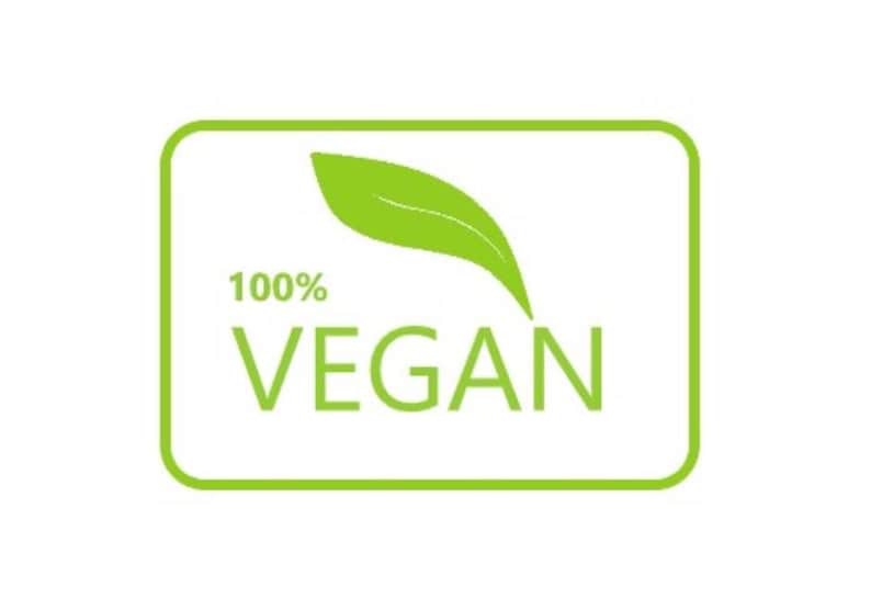 May include: Green and white 100% vegan label with a green leaf icon.