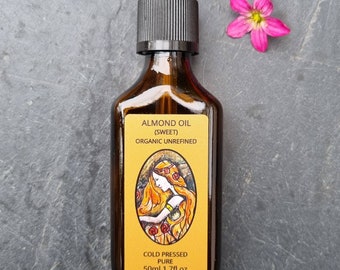 Organic Almond Oil, Cold pressed, pure 50ml. Glass pipette bottle