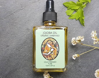 Aceite de jojoba orgánico, prensado en frío, 15 ml. Frasco de vidrio con pipeta