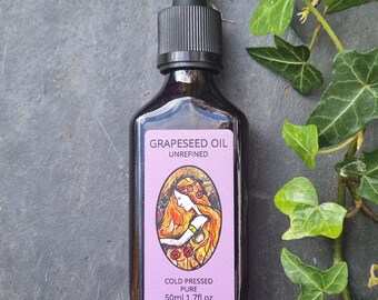 Grapeseed Oil, Organic, Cold Pressed, Unrefined, Pure, 50ml.  Glass pipette bottle. Currently organic