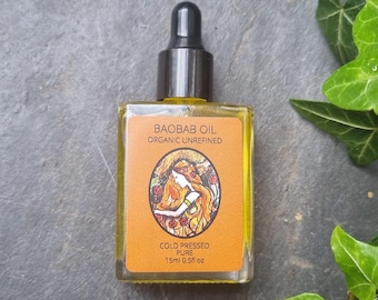 Baobab Oil 100% Organic, Cold Pressed, Pure 15ml.  Glass pipette  bottle