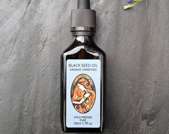 Black Seed Oil, Organic, Cold Pressed, Unrefined, Pure, 50ml.  Glass pipette bottle.
