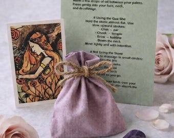 Ritual set- Gua sha natural amethyst stone, ritual card, gift card and bag