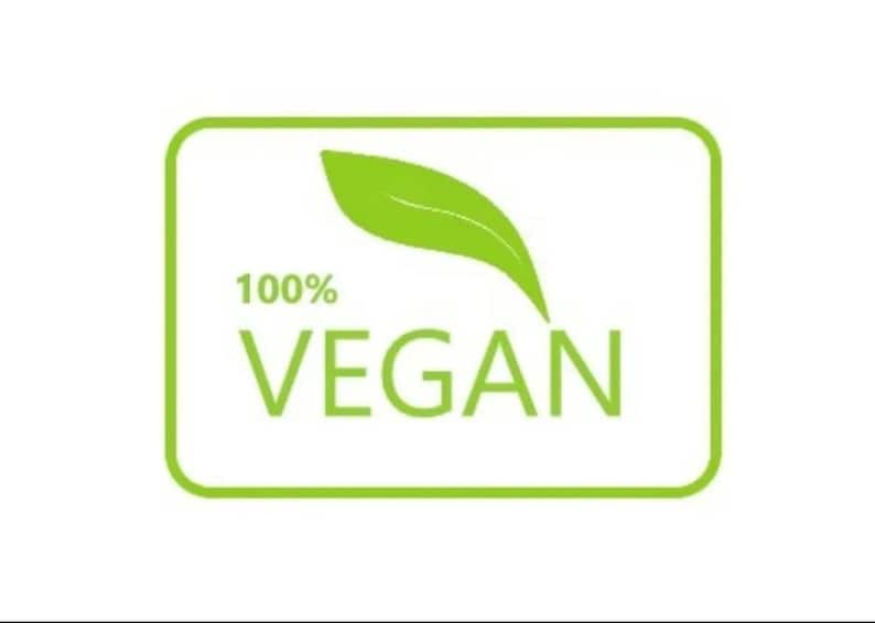 May include: Green and white 100% vegan label with a green leaf icon.