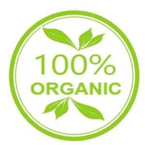 May include: A green circle with white text that reads "100% ORGANIC" and two green leaves on either side of the text.