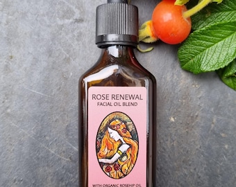 Rose Renewal. Rosehip oil facial serum, antiaging face oil 50ml. Glass pipette bottle