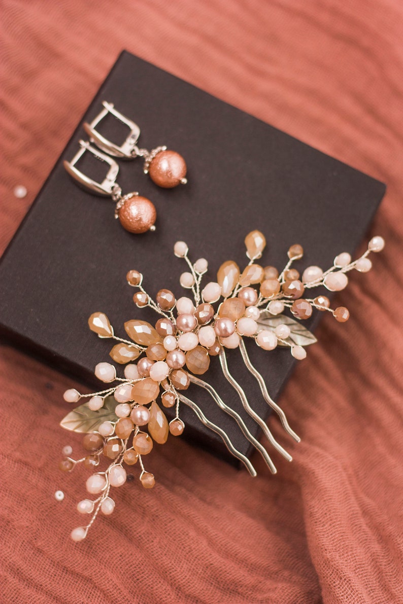 Bridal beige hair piece Mocha hairstyle accessory Coffee wedding hair comb Hair taupe jewel Powder headpiece Brown bride headpiece
