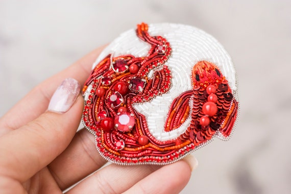 Red brooch carp koi, Embroidered Swrovski fish broach, White embroidery jewelry, Stylish accessory, Beaded pin for coat and jacket