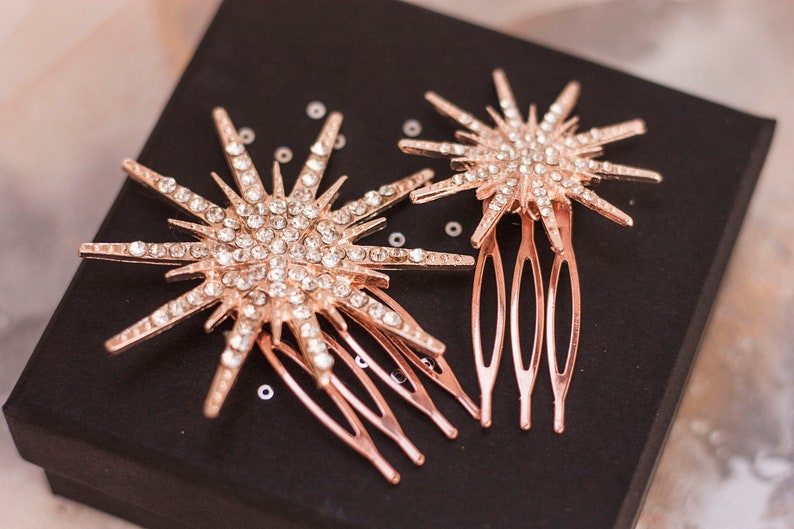 Space bridal hair piece Bridesmaid gift Sparkles rose gold stars hair combs Wedding jewelry set Bride celestial headpiece