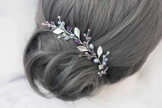 Violet Grey Hair Vine Floral Wedding Hair Piece Purple Etsy
