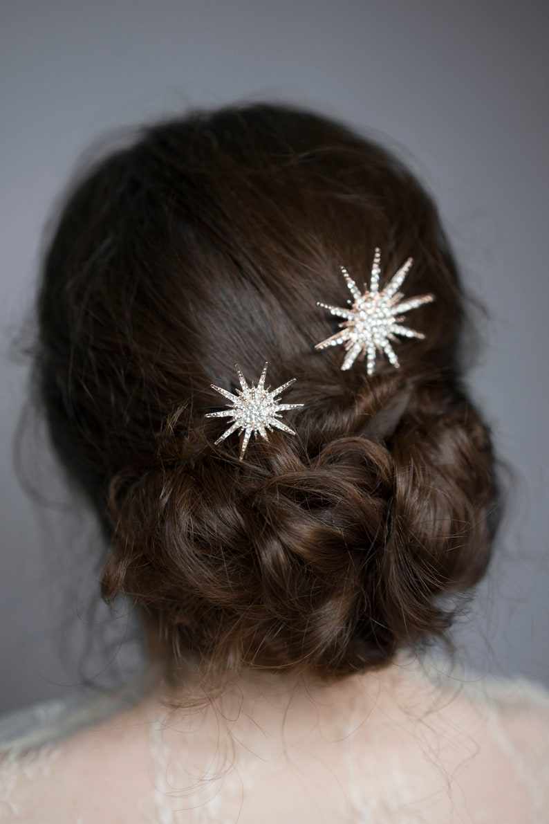 Space bridal hair piece Bridesmaid gift Sparkles rose gold stars hair combs Wedding jewelry set Bride celestial headpiece