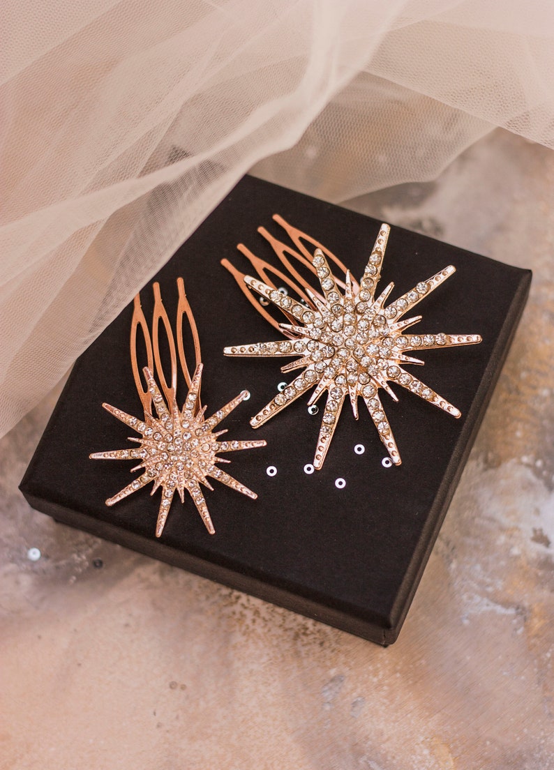 Space bridal hair piece Bridesmaid gift Sparkles rose gold stars hair combs Wedding jewelry set Bride celestial headpiece