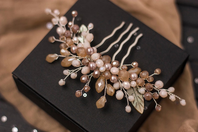 Bridal beige hair piece Mocha hairstyle accessory Coffee wedding hair comb Hair taupe jewel Powder headpiece Brown bride headpiece