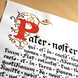 Prayer Pater Noster - Einzigartiges, authentisches Kalligraphie-Kunstwerk, handgeschrieben und vergoldet