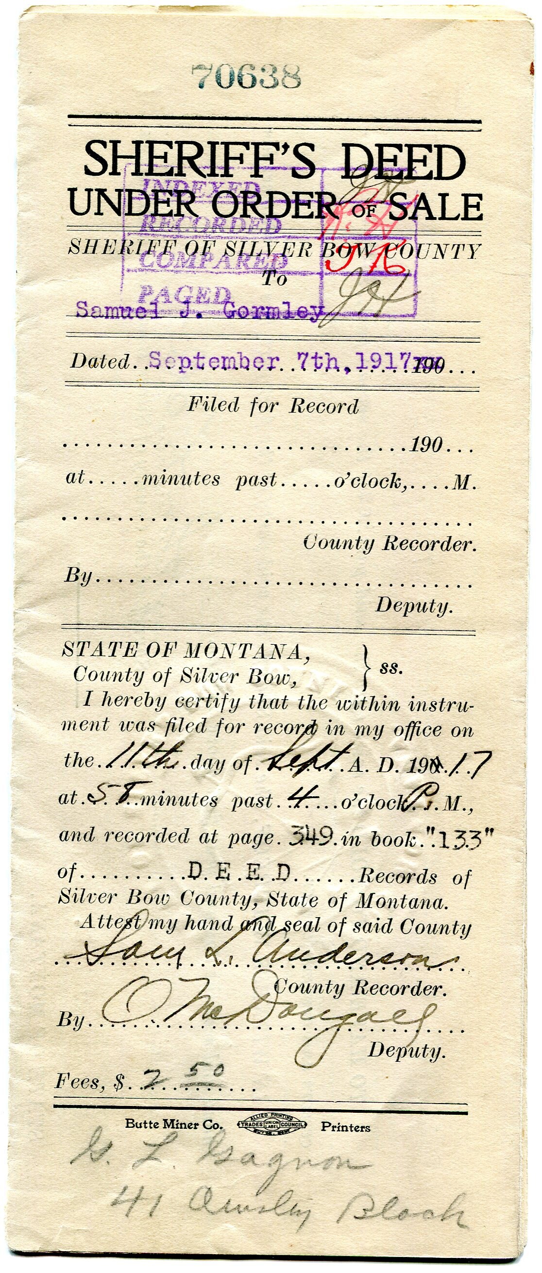 Sheriff's Deed Under Order Of Sale Paper/ 100 Years Old/ Etsy