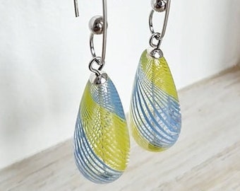 AQUAE versions 1 or 2 - Earrings with large ear hook & blown glass bead (blue and yellow)