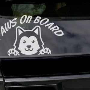Paws on Board dog Husky Vinyl Sticker Fun decals Car Auto SUV Van Truck Window Malamute