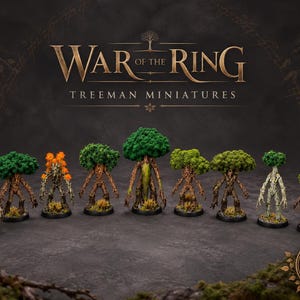 May include: Nine War of the Ring Treeman miniatures arranged in a row. Each figure features a textured brown bark-like body and a leafy green or orange canopy. The text War of the Ring Treeman Miniatures and 9 Miniatures is visible.