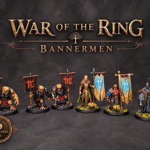 May include: Six painted fantasy miniatures from War of the Ring Bannermen. The set includes three orc figures with black banners, an elf figure with a light blue banner, a dwarf figure with a light blue banner, and a human soldier with a shield and banner.