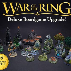 May include: A collection of 39 hand-painted miniature models for the War of the Ring board game. The models include castles, towers, trees, and volcanic terrain, with a deluxe upgrade theme. The text "War of the Ring" is displayed in gold.