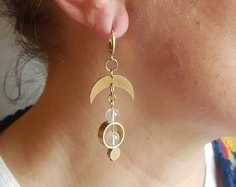 Celestial earrings of pure rock crystal and moons in matte gold raw brass