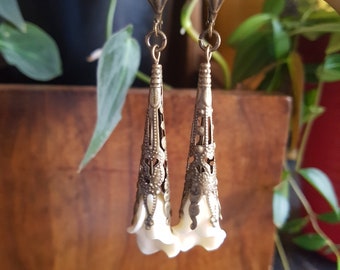 Vintage Art Nouveau earrings of cream white or red color calla arum flowers carved beads and antique filigree bronze cones - designer jewel