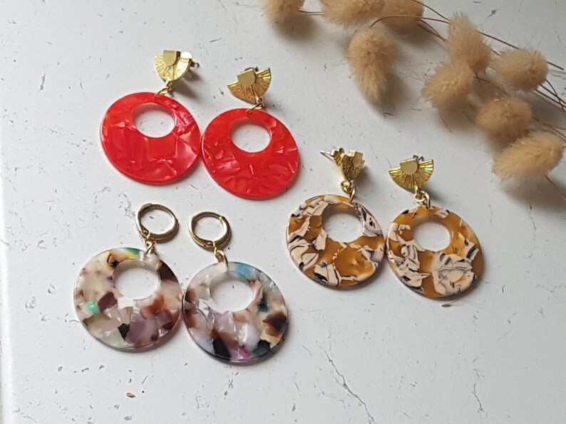 70/'s Pop Art Round Earrings in Cherry tomato red tortoiseshell acetate beige mediterranean blue yellow Portugal mosaic