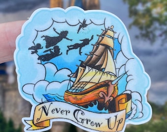 Never grow up/ Peter Pan Ship Laptop Stickers/ Neverland Captain Hook sticker/ iphone planner water bottle decal