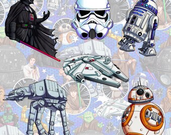 May include: A repeating pattern featuring Star Wars characters and vehicles. Darth Vader, a Stormtrooper helmet, R2-D2, the Millennium Falcon, an AT-AT walker, and BB-8 are depicted on a blue background with circular designs.
