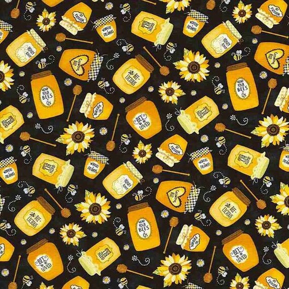 Timeless Treasures JARS OF HONEY gail-C6105 black cotton fabric