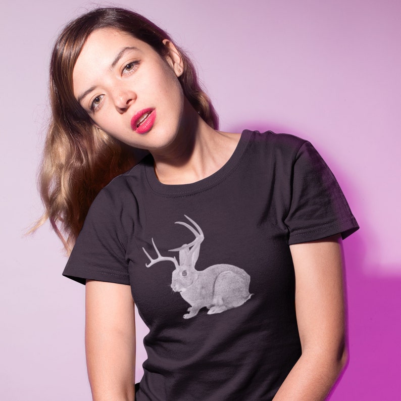 Tshirt Jackalope Black women tshirt with screen print Jackalope jackalope mom shirt bunny tee Gift for her