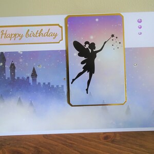 Carte d'anniversaire fée, carte fée violette, carte d'anniversaire château féerique, carte d'anniversaire jeune fille, cartes faites main