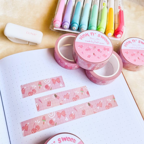 Ruban Washi Pink n’ Sweet | Rouleaux de masquage Kawaii pour aliments, bonbons et desserts pour scrapbooking | Bande stationnaire japonaise mignonne pour le Bullet Journaling