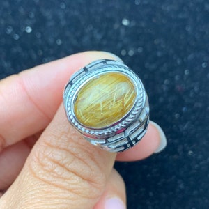 Natural golden titanium rutilated quartz crystal silver adjustable woman ring