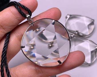 Natural Clear Quartz Crystal 3D Hexagon Star of David Silver pendant